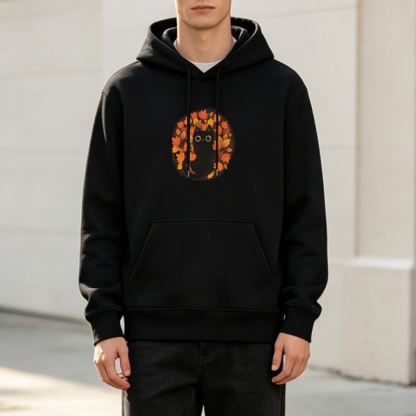 Black Hoodie With Cute Black Cat Surrounded By Autumn Leaves