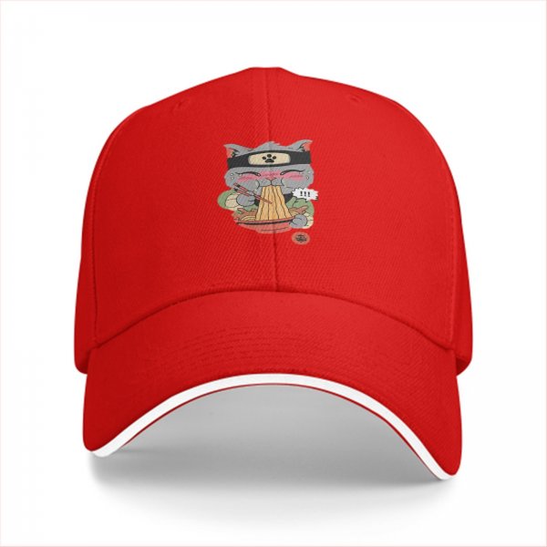 Black baseball cap with ninja cat eating ramen graphic
