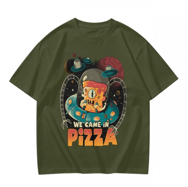 Olive t-shirt with space pizza alien graphic and 'We Came in Pizza' text