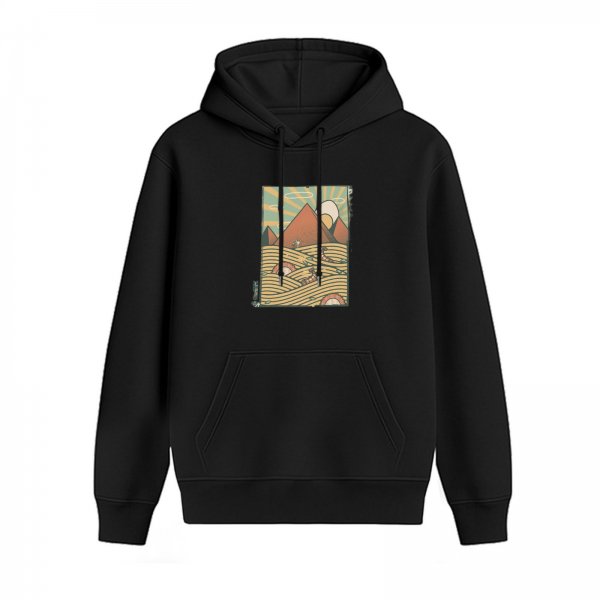 Black Hoodie With Retro Mountain And Sun Landscape Print