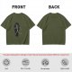 Olive t-shirt with skeleton running from starry coffin graphic