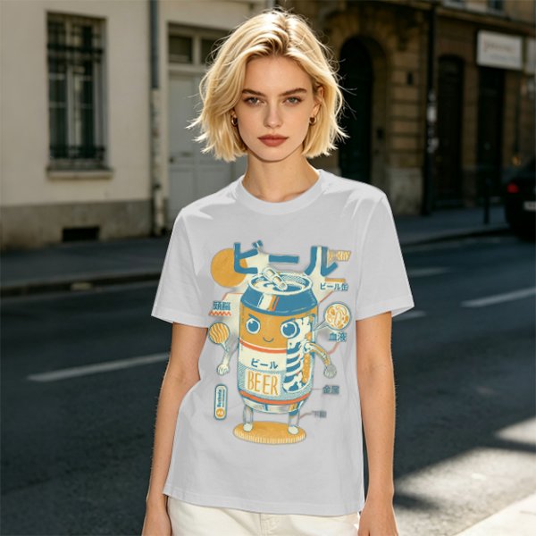 Olive T-Shirt With Kawaii Beer Can Robot Graphic