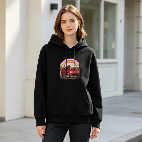 Black hoodie with red convertible car and rainbow graphic print