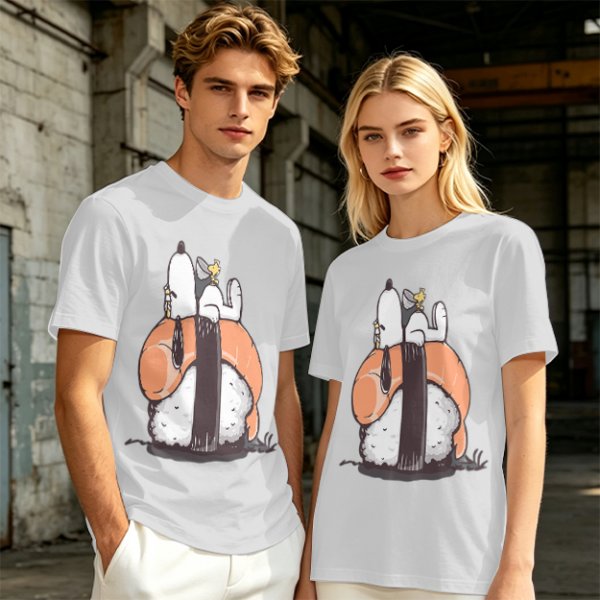 Olive t-shirt with Snoopy and Woodstock sushi print