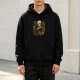 Black hoodie with skeleton holding coffee surrounded by plants