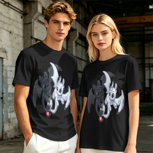 Olive T-Shirt Featuring Toothless and Light Fury Dragons