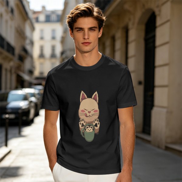 Olive green t-shirt with cute cat holding a mug print