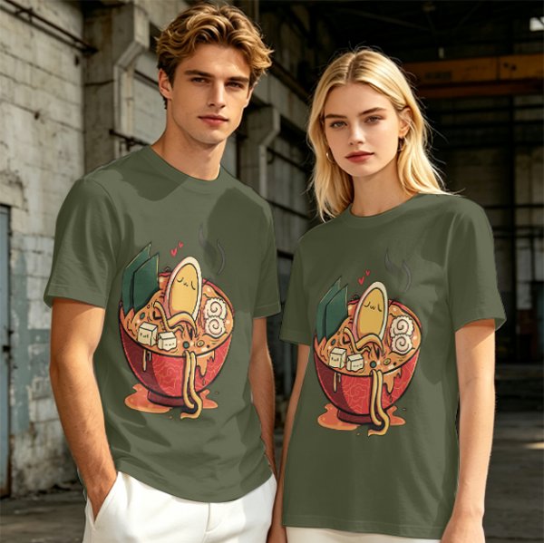 Olive T-Shirt With Cute Ramen Bowl Graphic Print