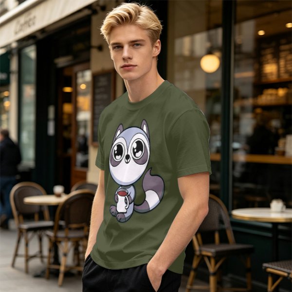 Olive T-Shirt with Cute Raccoon Holding Coffee Mug Print