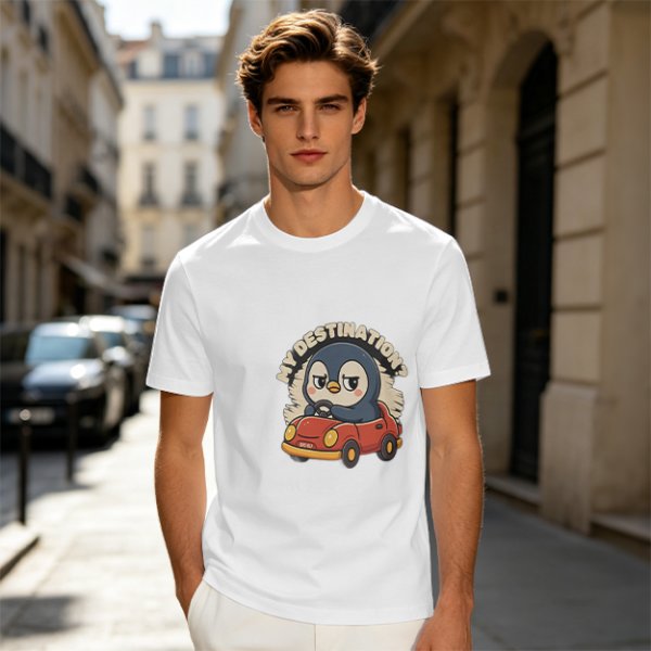 Olive T-Shirt With Cartoon Penguin Driving Car 'My Destination?' Print