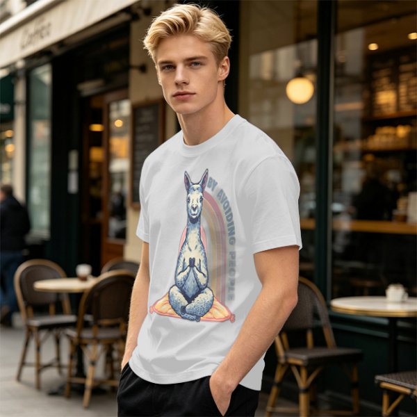Olive T-Shirt With Meditating Llama Rainbow Graphic
