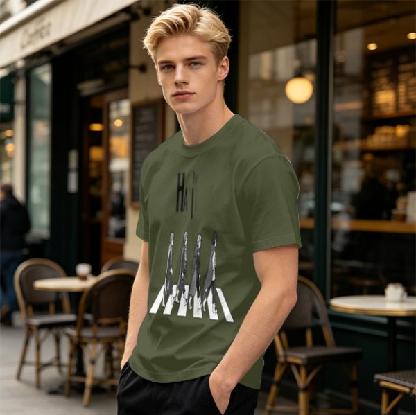 Olive T-Shirt With Anime Characters Crossing Crosswalk Print