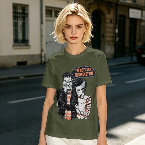 Olive T-shirt with Frankenstein and Bride 'I'm Not Even Frankenstein' Print