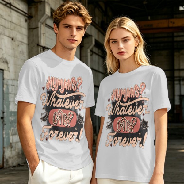Olive green t-shirt with 'Humans? Whatever. Cats? Forever!' print