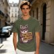Olive t-shirt with a raccoon holding a fast food trash sign