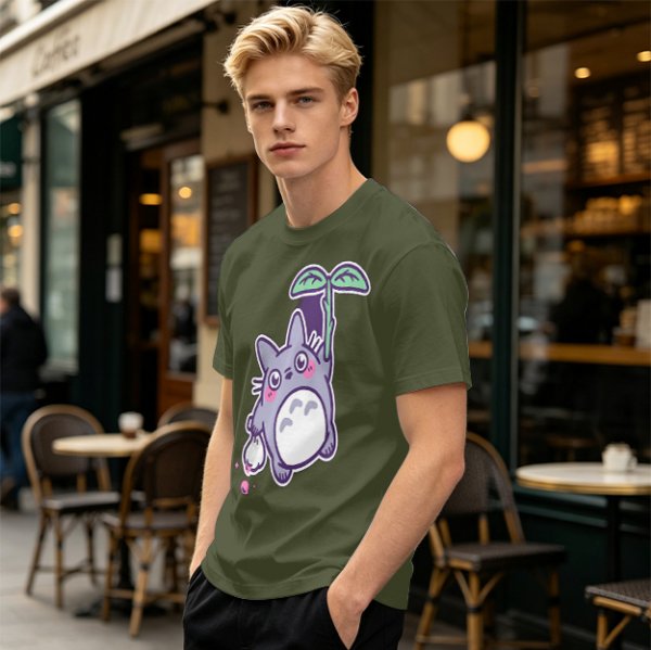 Olive T-Shirt With Cute Chibi Totoro Holding Leaf Print