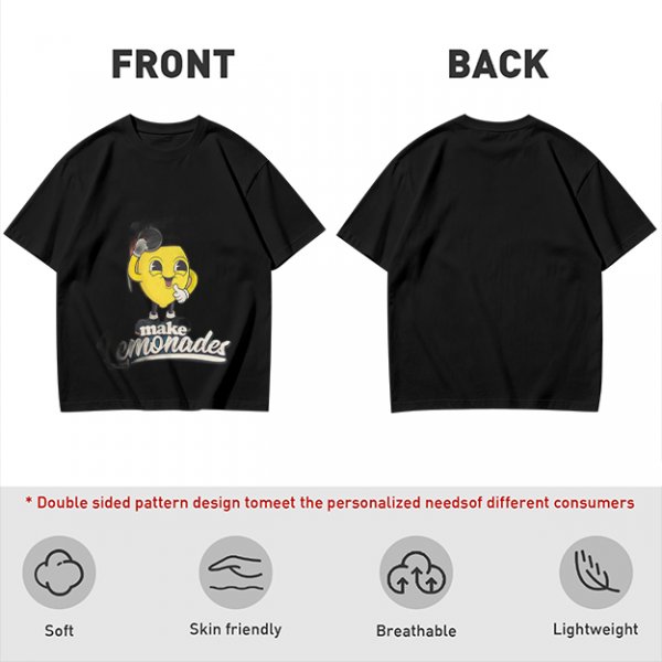 Olive green t-shirt with cheerful lemon mascot graphic and make lemonades text