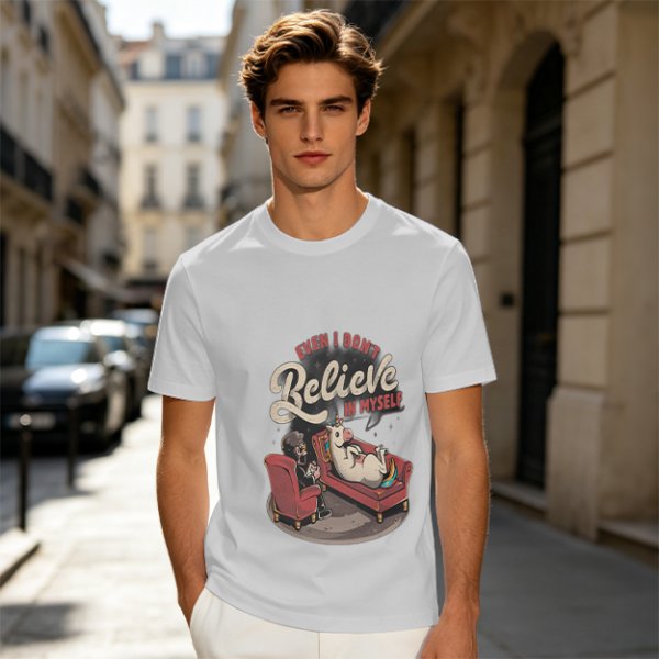 Olive graphic t-shirt with unicorn therapy and 'Even I Don't Believe In Myself' text