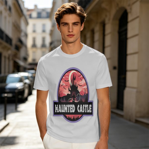 Olive T-Shirt with Haunted Castle Silhouette Graphic Design
