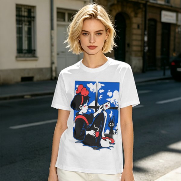 Olive t-shirt with Kiki's Delivery Service window print of girl reading letter