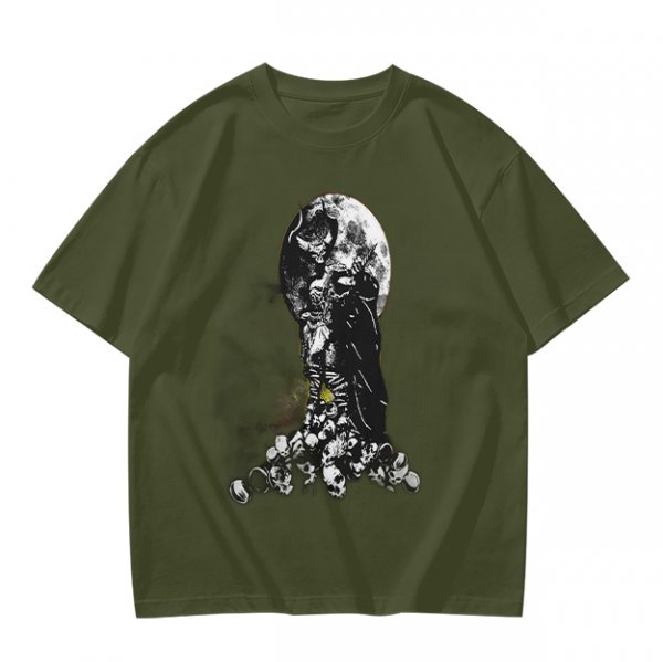 Olive T-Shirt With Dark Grim Reaper And Skull Pile Graphic