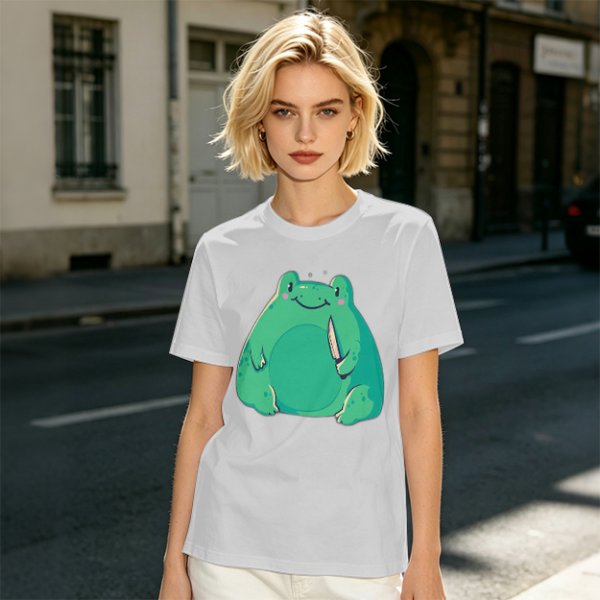 Olive Green T-Shirt With Cute Frog Holding Knife Graphic