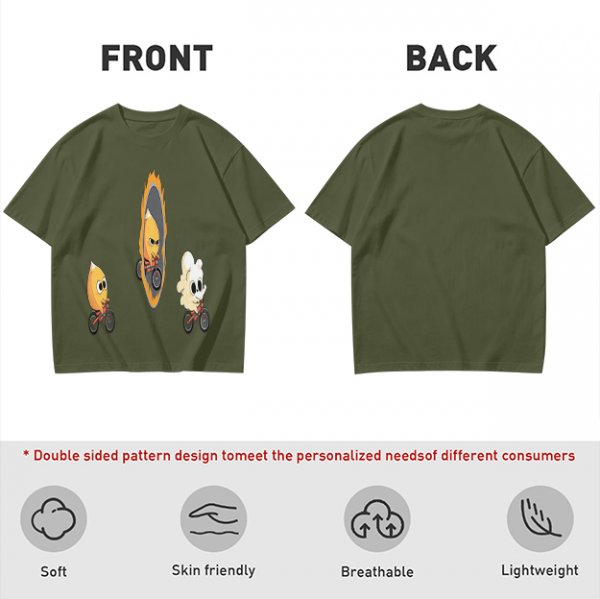 Olive T-Shirt With Cartoon Characters Riding Bikes Through Portal