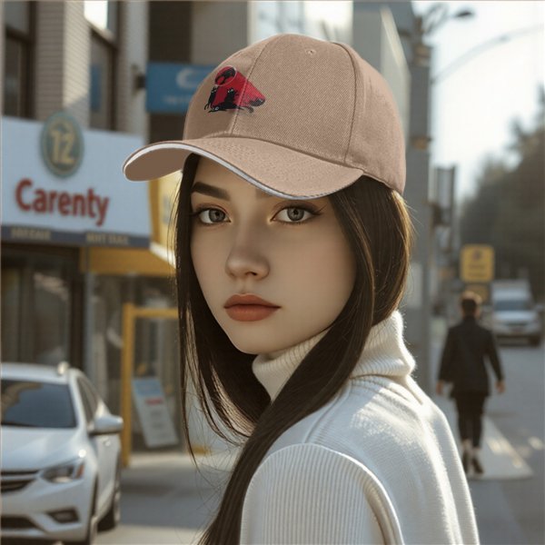 Black Baseball Cap With Playful Black Cat Red Graphic Design