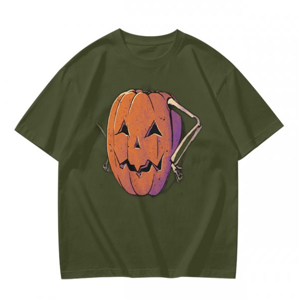 Olive Halloween T-Shirt with Skeleton Arm Jack-o'-Lantern Graphic