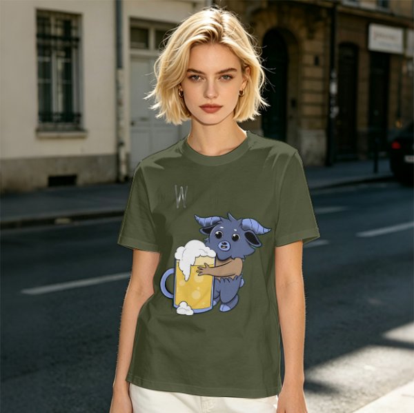Olive T-Shirt With Cute Blue Goat Holding Foamy Beer Mug Print
