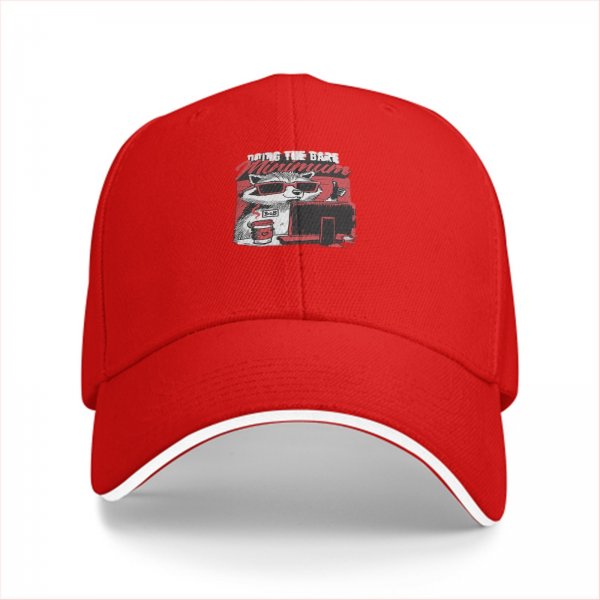 Black baseball cap with raccoon graphic doing the bare minimum
