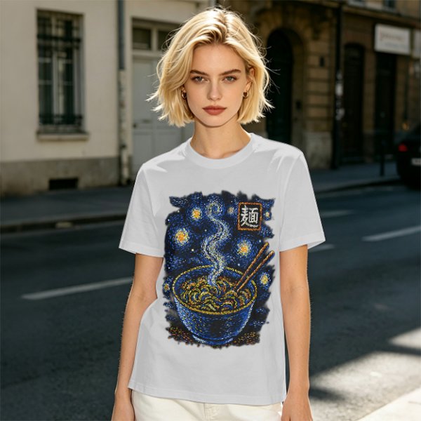 Olive t-shirt with starry night ramen bowl graphic