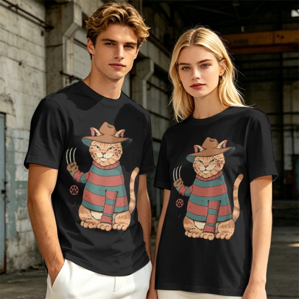 Olive T-Shirt With Freddy Krueger Themed Cat Graphic