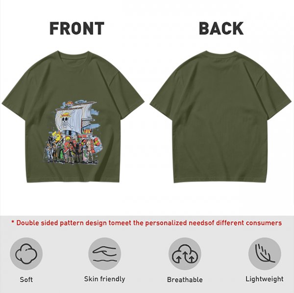 Olive T-Shirt with One Piece Straw Hat Pirates Crew and Ship Print