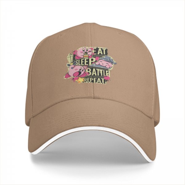 Black baseball cap with Eat Sleep Battle Repeat Kirby graphic