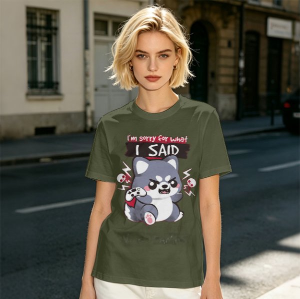 Olive t-shirt with angry gaming wolf graphic and funny apology text