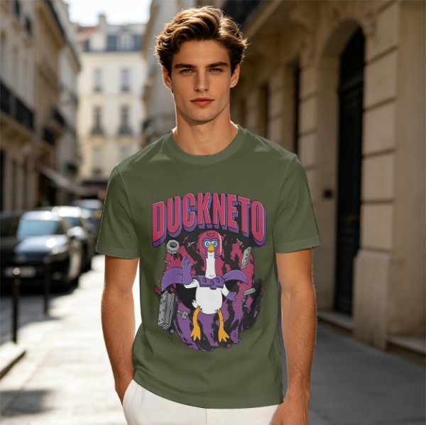 Olive Graphic T-Shirt Featuring Duckneto Superhero Duck Art