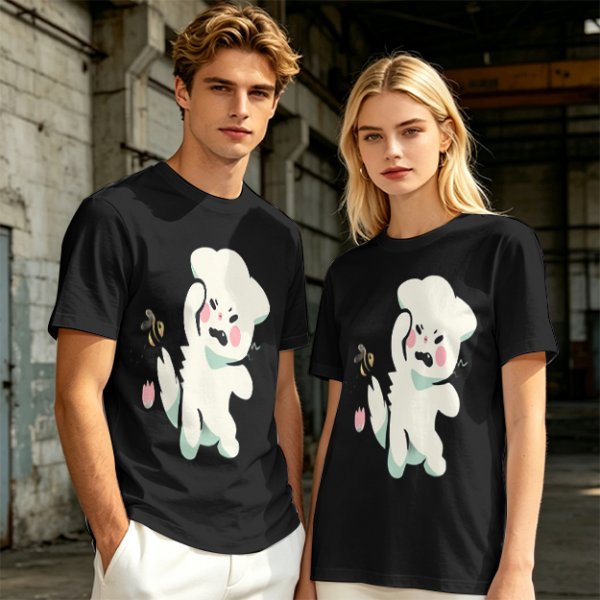 Olive T-Shirt With Angry Fluffy White Creature Swatting At Bee Print