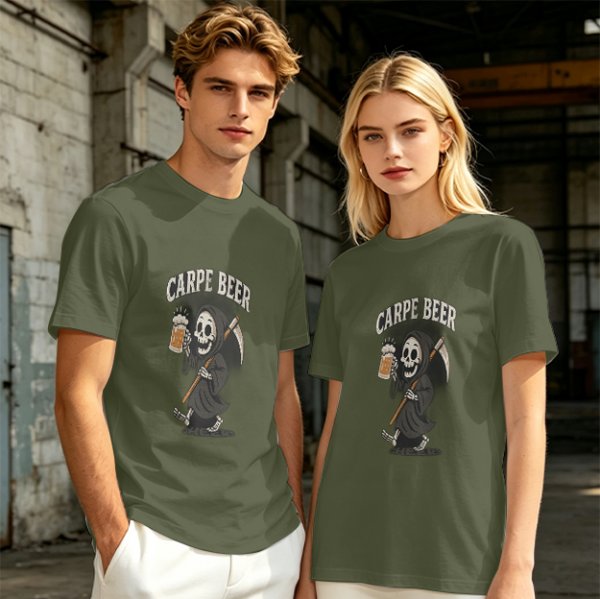 Olive green t-shirt with Carpe Beer grim reaper holding beer mug graphic