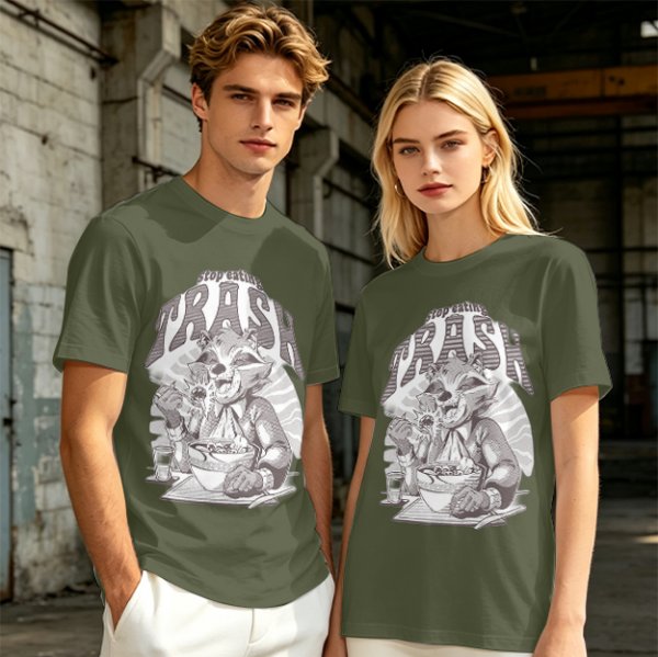 Olive graphic t-shirt with raccoon eating and 'Stop eating TRASH' print