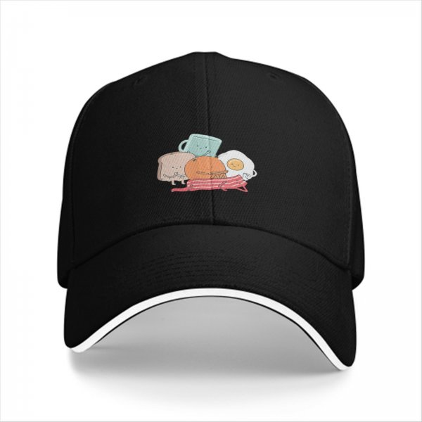 Black baseball cap with cute breakfast food character print