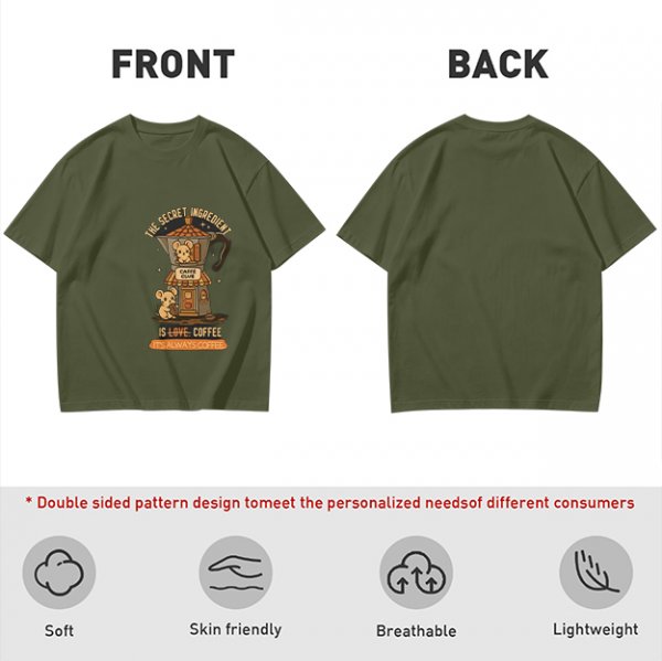 Olive t-shirt with coffee moka pot mouse shop graphic and coffee love quote
