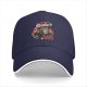 Black baseball cap with devil cat driving flaming car 'Do You Wanna Ride?' print