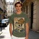 Olive t-shirt with a skull ramen bowl and a napping tabby cat print