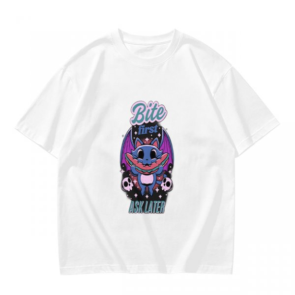 Olive graphic t-shirt with bat cat holding watermelon and 'Bite First Ask Later' text