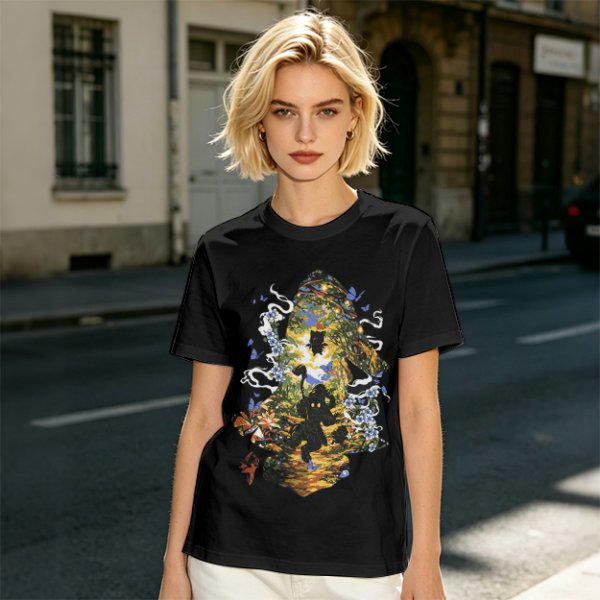 Olive Green T-Shirt With Mystical Cat Silhouette Graphic Print