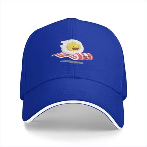 Black Baseball Cap with Smiling Fried Egg and Bacon Print