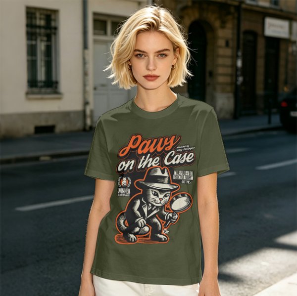 Olive t-shirt with detective cat 'Paws on the Case' graphic