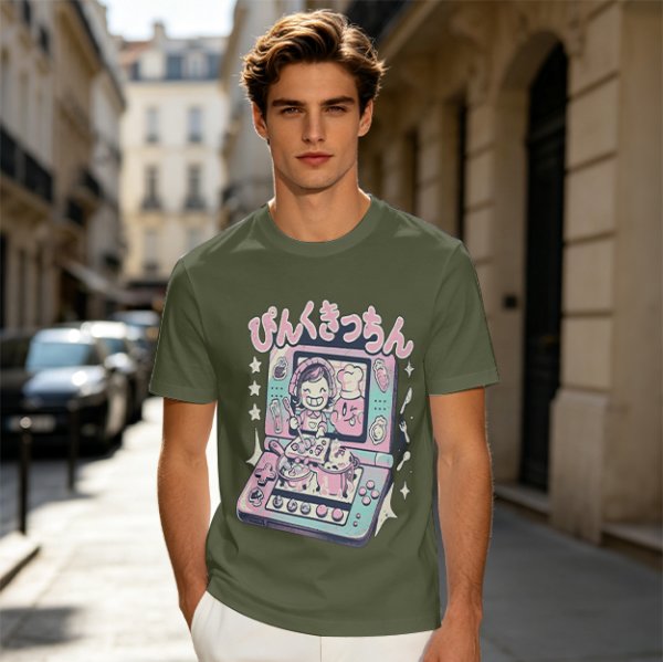 Olive green graphic t-shirt with cute handheld game kitchen art