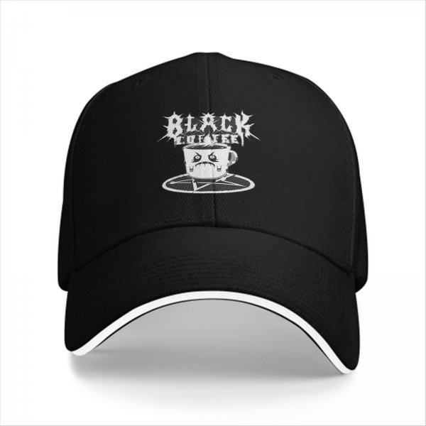 Black Coffee Baseball Cap With Angry Coffee Cup And Pentagram Design